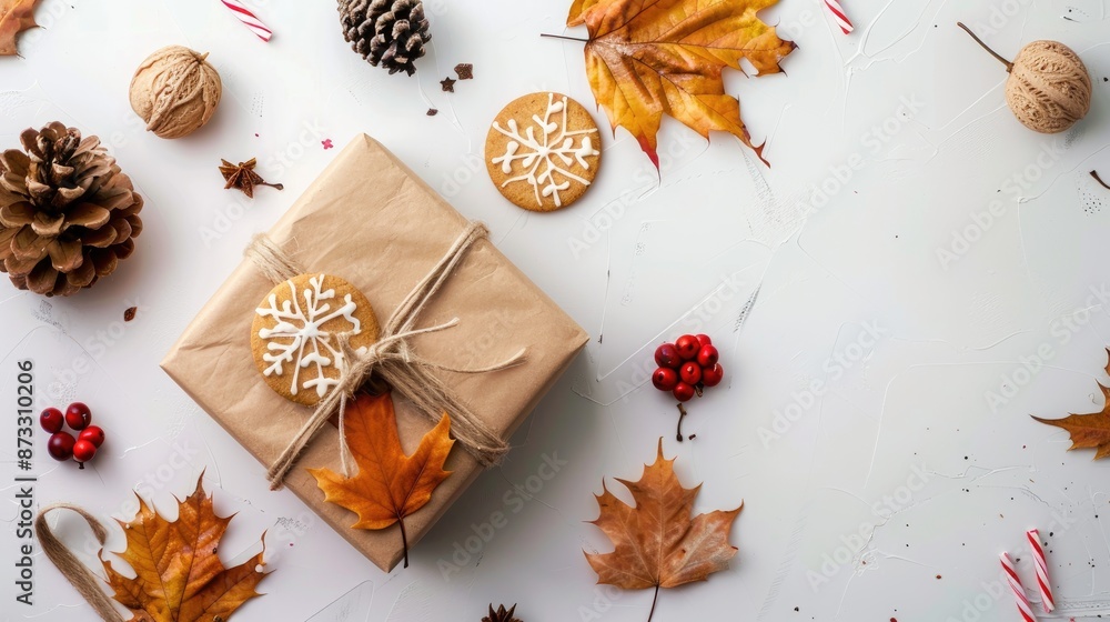 Canvas Prints Top view of a gift box with string autumn leaves and cookie on white background Thanksgiving or Halloween present with space for text