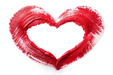 Vibrant red lipstick smudge forms a imperfect heart shape texture on a clean white background, adding a romantic and playful touch to any design.