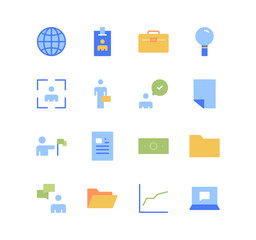 Set of business and finance icons, target, check, presentation, mail, magnifying glass and flat line variety vectors.	
