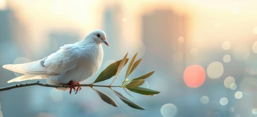 Dove carrying an olive branch over a global city, International Peace Day, urban harmony