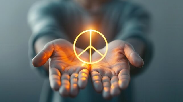 Hands holding a glowing peace sign, International Peace Day, hopeful peace - Powered by Adobe