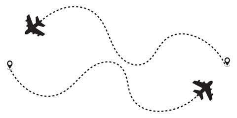 Airplane path in a dotted line shape, Aircraft tracking. Airplane line routes set. air plane flight route with start point and dash line trace. travel, map pins, location pins. Black vector.