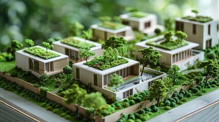Paper model of sustainable housing with green rooftops and environmental design.