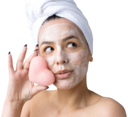 Beauty portrait of woman in white towel on head  with a sponge for a body in view of a pink heart. Skincare cleansing eco organic cosmetic spa relax concept.