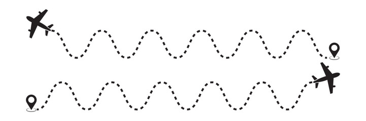 Airplane path in a dotted line shape, Aircraft tracking. Airplane line routes set. air plane flight route with start point and dash line trace. travel, map pins, location pins. Black vector.
