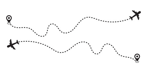 Airplane path in a dotted line shape, Aircraft tracking. Airplane line routes set. air plane flight route with start point and dash line trace. travel, map pins, location pins. Black vector. © Charles stockio