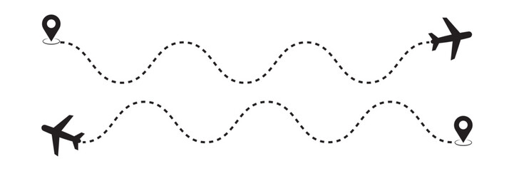 Airplane path in a dotted line shape, Aircraft tracking. Airplane line routes set. air plane flight route with start point and dash line trace. travel, map pins, location pins. Black vector.