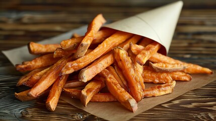 A delicious serving of crispy sweet potato fries in a paper cone on a rustic wooden table, perfect for a snack or side dish.