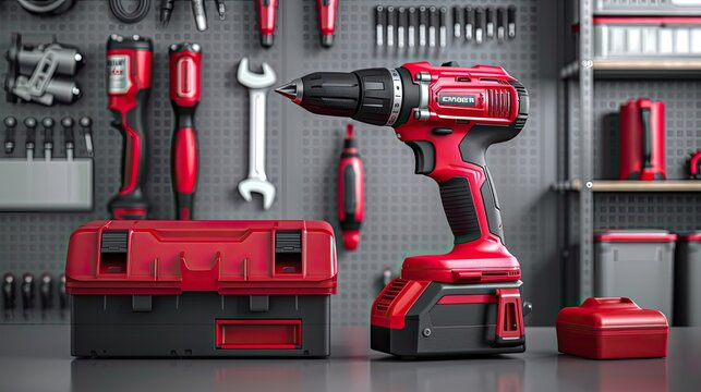A red cordless drill rests on a table in a workshop setting, alongside a matching red tool box and a spare battery. Tools and equipment are visible on the walls and shelves in the background