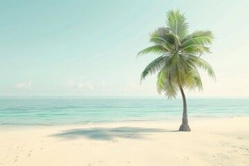 Obraz premium A tranquil beach scene with a lone palm tree swaying gently in the breeze, surrounded by calm turquoise waters. The golden sand stretches out to meet the horizon.