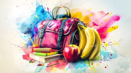  A well-lit scene showcasing a collection of school supplies, including a decent bag, a book, a pen, a pencil, an apple, and  bananas, all set against a backdrop of vibrant splashes. 
