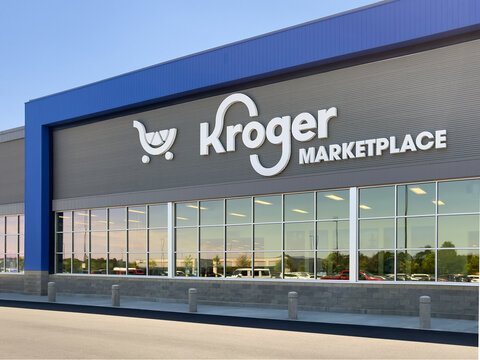 AUGUSTA, GEORGIA - JULY 4, 2024 : Kroger Marketplace grocery store supermarket building storefront facade with logo.