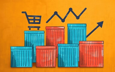 A hand drawn illustration depicting a shopping cart icon atop a rising bar graph, symbolizing increasing sales and business growth.