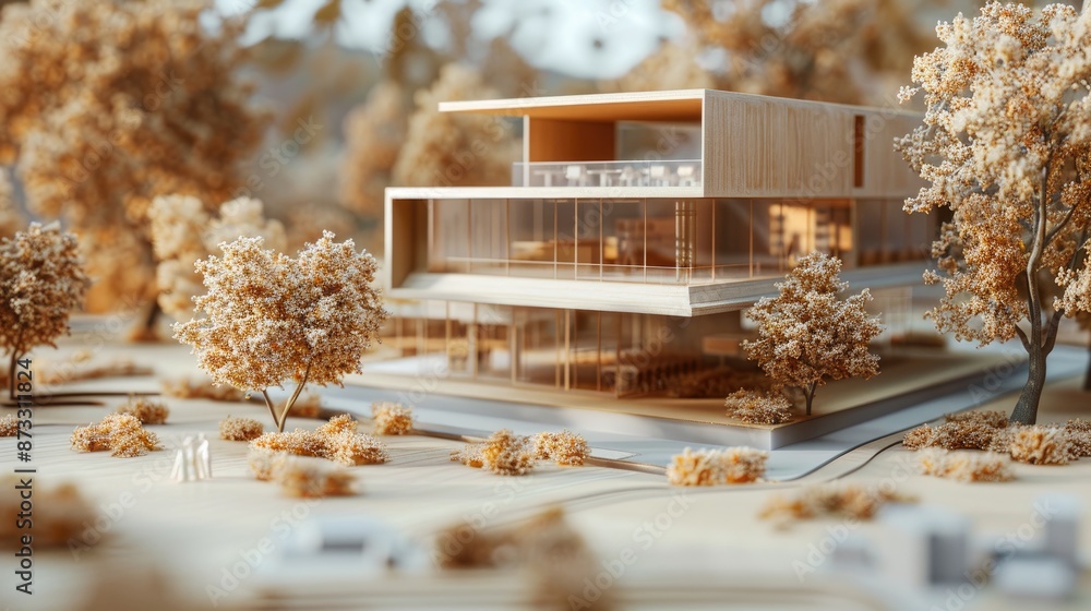 Poster architectural model of a minimalist home with park features, office setting subtly out of focus.