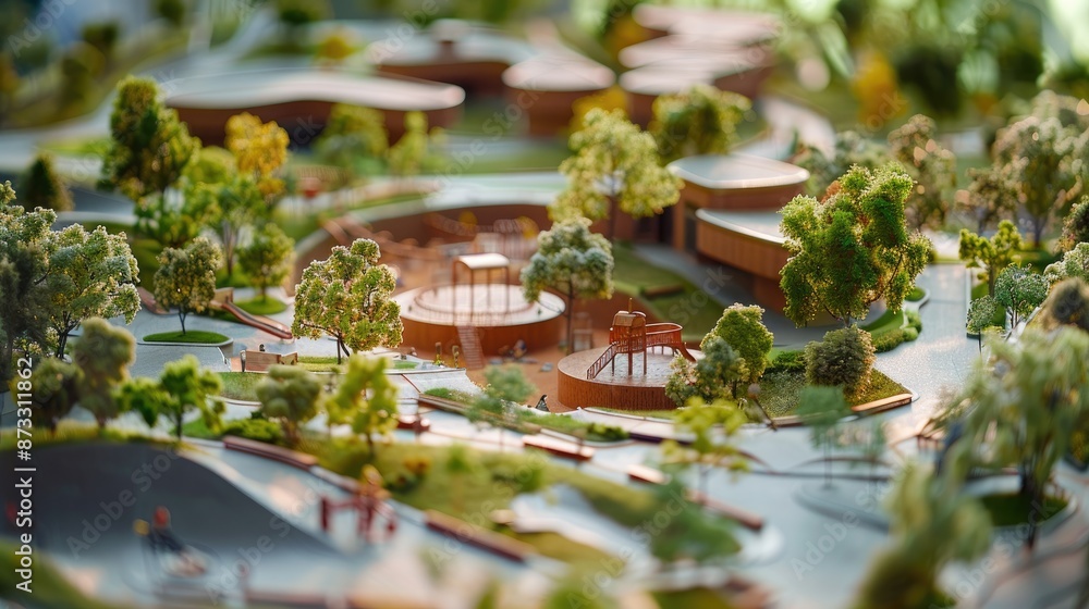 Poster close-up of an architectural model showing a park with playgrounds and greenery.