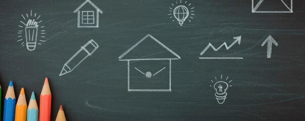 Chalkboard with hand-drawn house, lightbulb, and arrow icons. Colored pencils at bottom.