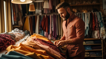 Fototapeta premium A well-dressed man arranges clothes in a clothing store. Business owner man in women's clothing store Concept is a private business owner.