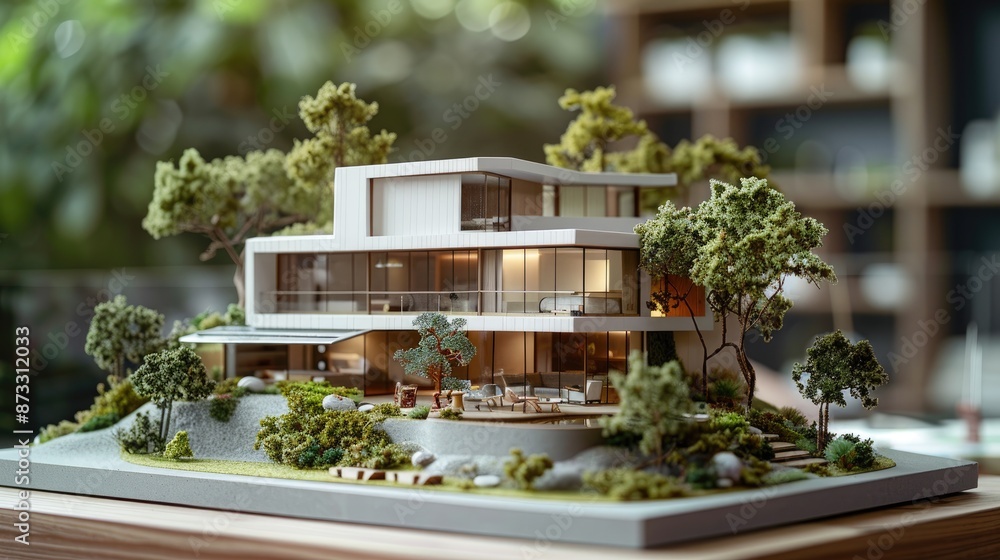 Poster model of a house with a large tree in front of it. the house is white and has a lot of windows