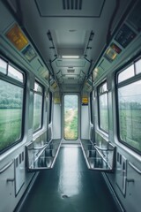 A serene and peaceful atmosphere fills the empty train compartment, with a breathtaking scenic view unfolding through the window. The perfect setting to relax and unwind.