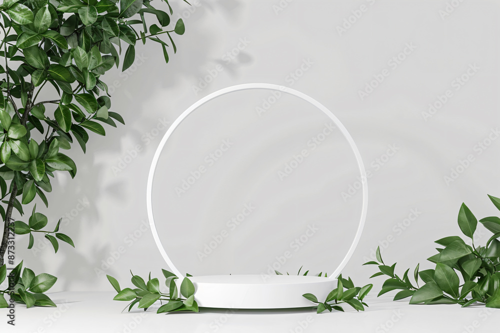 Poster white empty podium with green leaves on a light background for a product presentation in a minimal s