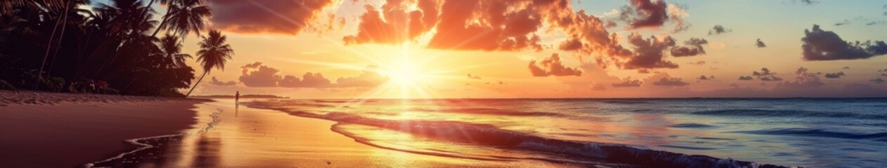 Obraz premium Stunning Tropical Beach Sunset with Palm Trees in Paradise, Perfect for Travel and Vacation, Retiree Dream Destination, AI-Generated High-Resolution Wallpaper