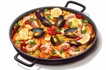 Detailed shot of a traditional Spanish paella, showcasing the rich colors and textures of the dish. 
