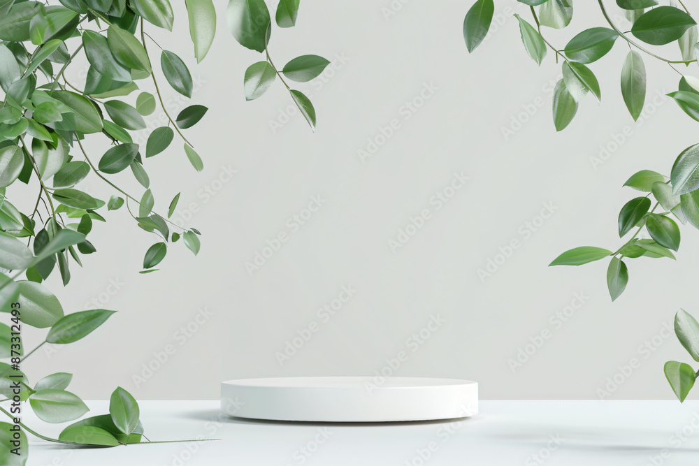 Poster white empty podium with green leaves on a light background for a product presentation in a minimal s