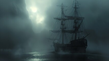 Fototapeta premium Embark on a journey through time with a professional photo capturing a legendary pirate ship at sea, showcasing the majestic vessel navigating the turbulent waters