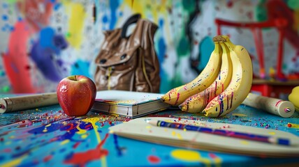 A well-lit scene showcasing a collection of school supplies, including a decent bag, a book, a pen, a pencil, an apple, and  bananas, all set against a backdrop of vibrant splashes. 

