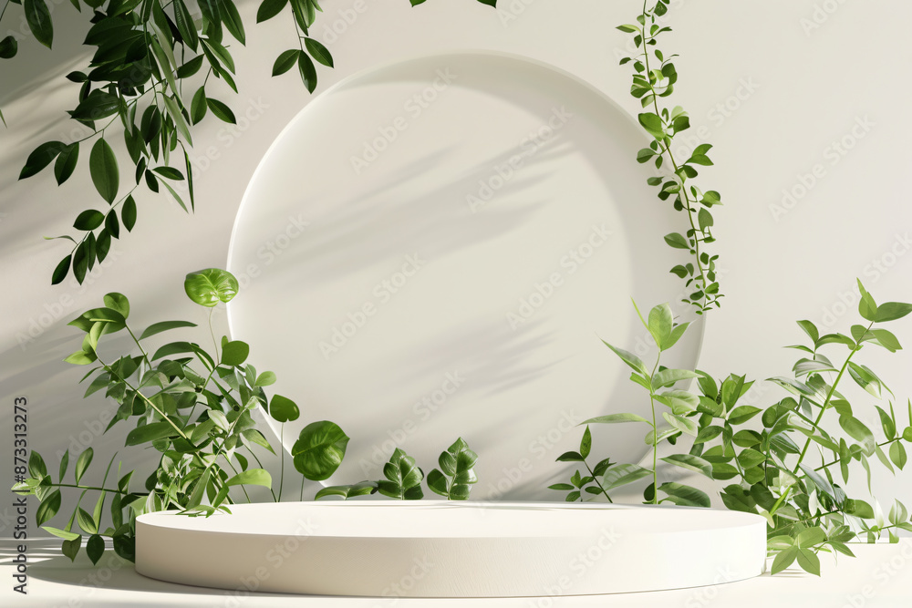 Poster white empty podium with green leaves on a light background for a product presentation in a minimal s