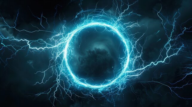 A glowing electric blue circle surrounded by lightning bolts on a dark background. The image creates a high-energy, futuristic effect