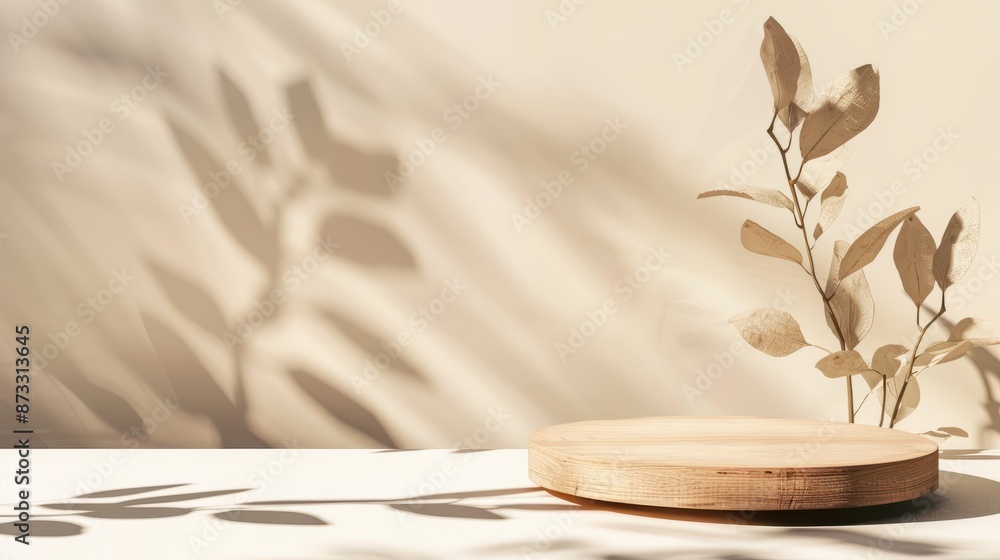 Poster a minimalist wooden podium is isolated against a beige background, with soft shadows of leaves creat