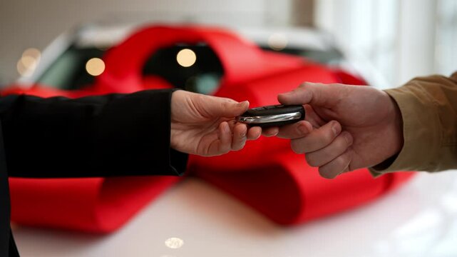 Closeup of unrecognizable saleswoman and male customer shaking hands after successful deal in auto dealership on blurred background of white car with large red present gift bow, slow motion.