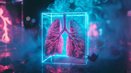 Blue box with human lungs glows in a futuristic abstract style. Transplant concept. Neon style geometric background.