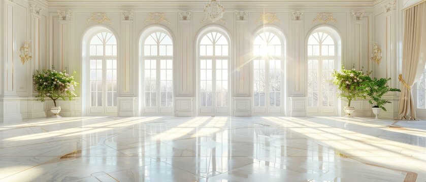 interior of a room with windows featuring a white mansion ballroom backdrop with luxury decor and elegant mansion ideal for wedding photography
