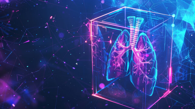 Blue box with human lungs glows in a futuristic abstract style. Transplant concept. Neon style geometric background.