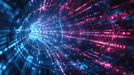 Abstract futuristic technology abstract background with lines for network, big data, data center, server, internet, speed. dark blue and pink neon lights into digital technology tunnel, generative ai
