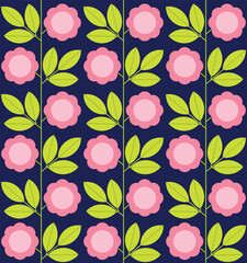 Geometric bauhaus pattern with flowers and leaves. Abstract dark background in flat style