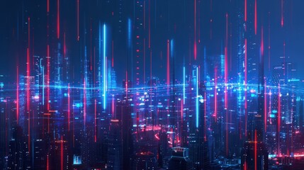 Abstract glowing big data forex candlestick chart over a cityscape at night. The image features bright blue and red data lines and bar graphs, symbolizing financial analysis and market trends.