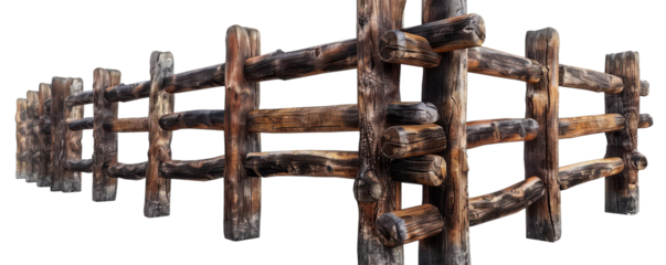 A rustic split rail wooden fence with realistic textures and details