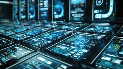 Close-up digital interface with sleek black panels and glowing blue displays showcasing data visualizations, highlighting advanced technology and data management