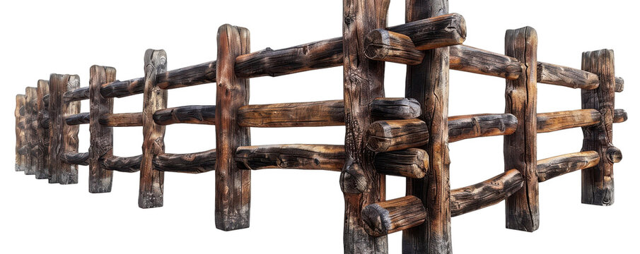 A rustic split rail wooden fence with realistic textures and details