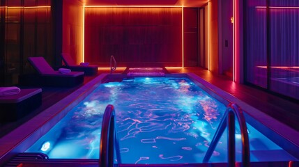 Private night resort in a house or villa, a luxurious swimming pool with clean bright water in an indoor modern spa room for relaxation and enjoyment, illuminated by neon lights in blue and red colors