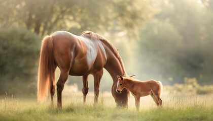 Obraz premium An idyllic image of a horse and foal peacefully grazing in a mist-shrouded morning field, with soft sunlight filtering through the trees and casting a gentle glow.