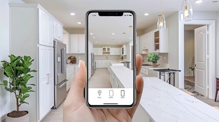 A hand holds a smartphone displaying a virtual tour of a modern kitchen, with the camera focused on a white countertop and the kitchen's hallway