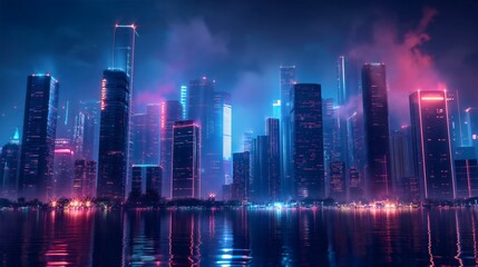 A city or town with tall urban buildings, skyscrapers, towers of modern architecture next to a lake or river during a dark night with bright neon blue and red lights, concept of transportation, people
