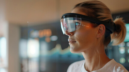 A young woman wearing augmented reality glasses is looking at a futuristic display of data and information.