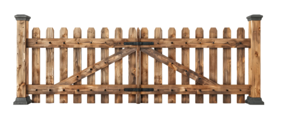 A robust wooden fence and gate with vertical slats and black corner posts, exuding rustic charm