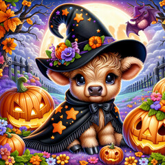 A cute baby Highland cow dressed in a witch costume, surrounded by pumpkins, a ghost, and bats in a spooky, colorful Halloween setting.