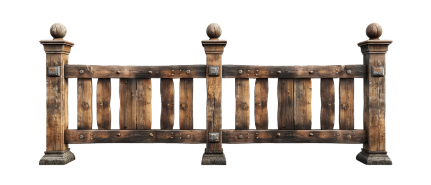 Realistic of a traditional wooden fence with square pillars and horizontal slats